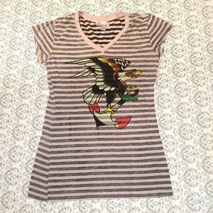 Ed Hardy Y2K Pink and Black Striped Womens T-shirt Eagle Emblem NWOT Medium